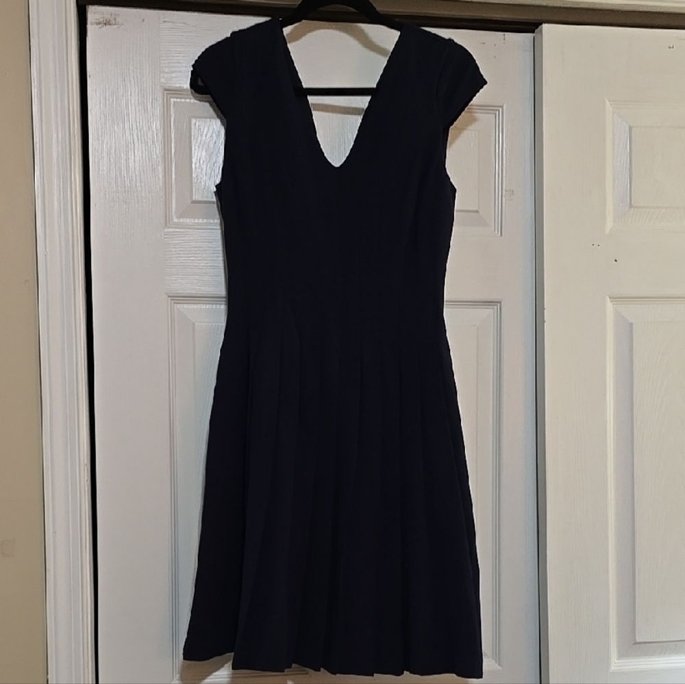 WHBM Navy Fit & Flare V-Neck Pleated Dress Size 4